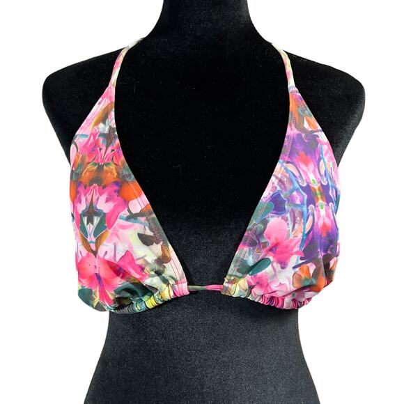 Xhileration Tropical Pink Floral Print Halter String Bikini Top Size XL - Picture 1 of 11